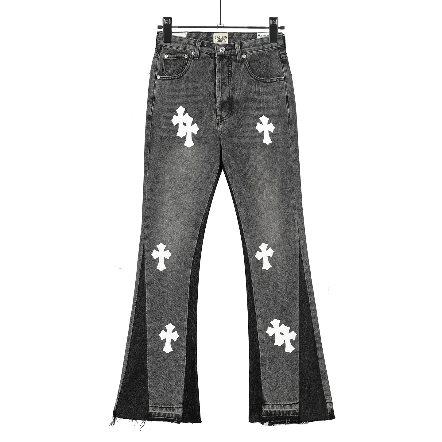 #8160 P260💰 Independent GALLERY DEPT. Vintage spliced black and gray snowflake pattern cross loose washed flared jeans - truly restore the ultimate texture of Vintage - original hardware accessories washed and other elevators, QR code analysis are all purchased from the original factory, high degree of restoration, you are welcome to compare with a certain product ~ - three-dimensional version Loose and comfortable, not picky about the figure, taller and slimmer, factory Seiko, original factory quality control, same style for men and women, can be matched with couples, versatile recommendation Essential jeans for all seasons - sizes: 28 30 32 34 36